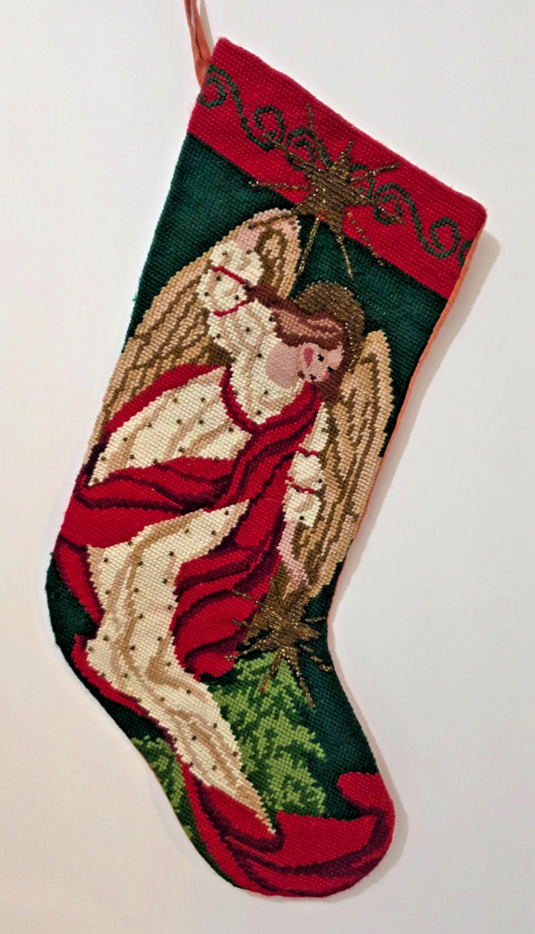 HEIRLOOM 20" WOOL NEEDLEPOINT CHRISTMAS STOCKING WITH ANGEL GOLD METALLIC GREEN